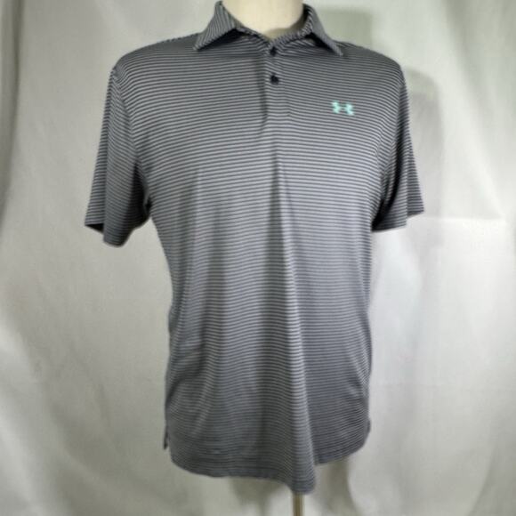Under Armour Loose Heat Gear‎ Men Gray Striped Short Sleeve Polo Shirt Sz L - Picture 1 of 8